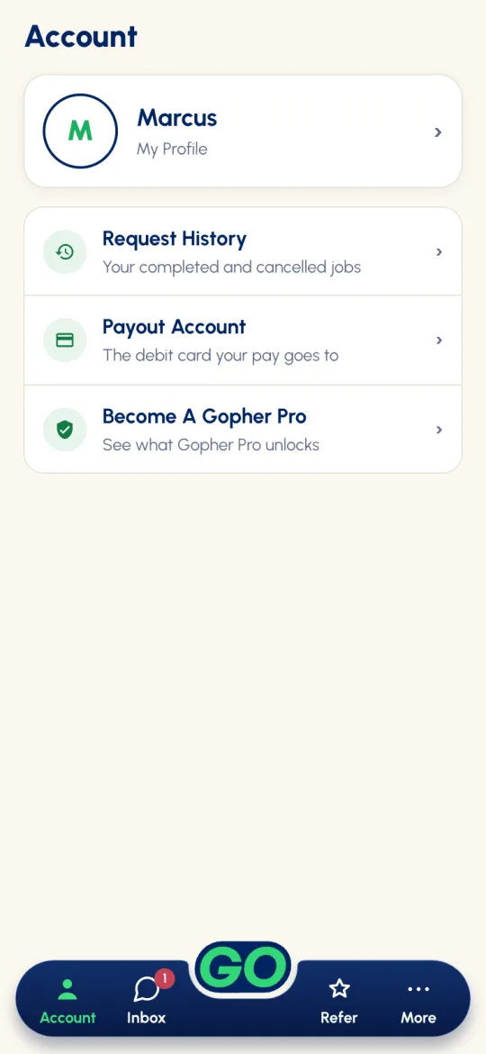 Account tab for a worker without a tier: Request History, Payout Account and Become A Gopher Pro