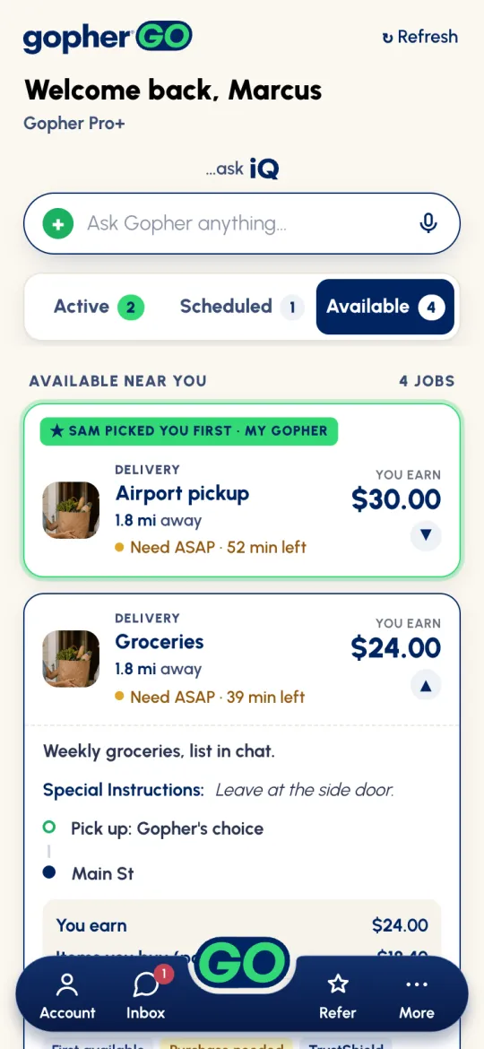 A Groceries card opened on Home: Weekly groceries, Special Instructions, Pick up: Gopher's choice, and the pay with items paid back