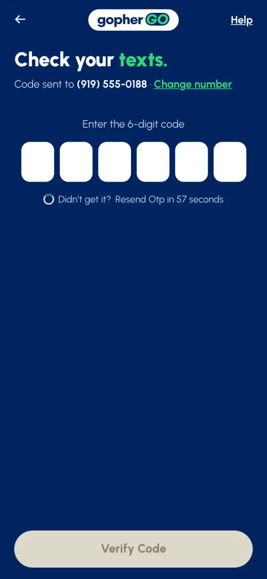 Check your texts screen with six boxes for the code, a resend countdown and the Verify Code button