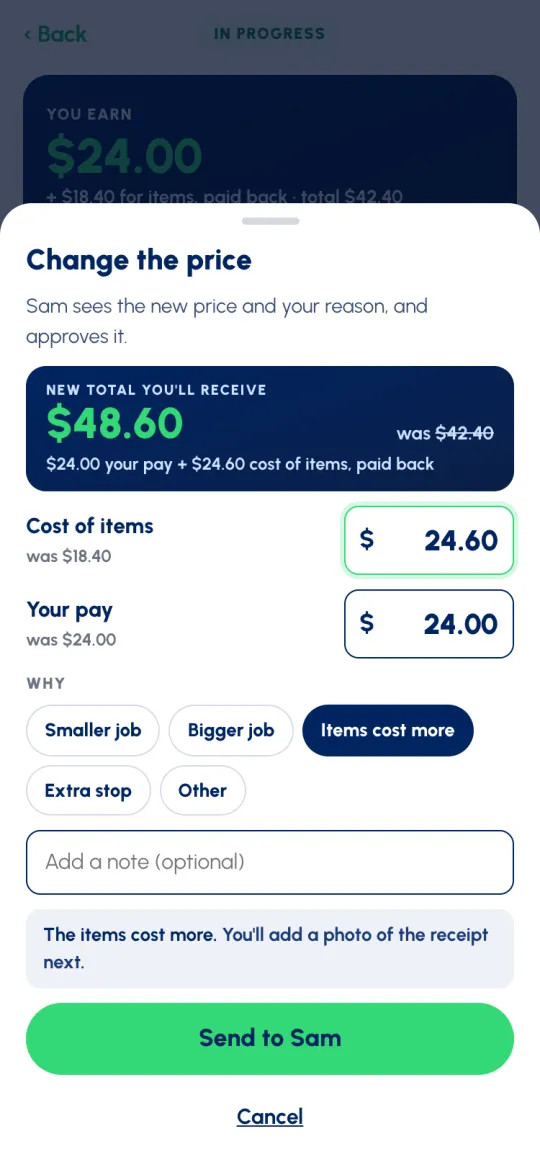 Change the price: New total you'll receive $48.60, was $42.40; Cost of items $24.60; Your pay $24.00; Items cost more selected; Send to Sam