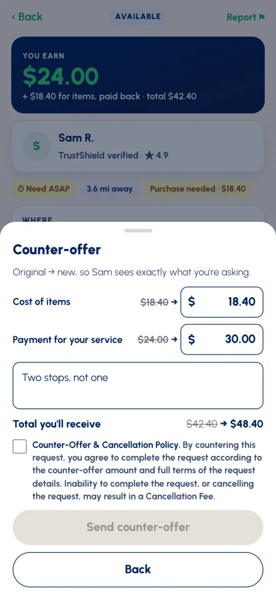Counter-offer sheet: cost of items $18.40, payment for your service from $24.00 to $30.00, the note Two stops, not one, and Total you'll receive from $42.40 to $48.40