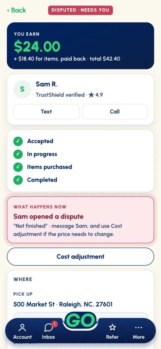 Job screen, DISPUTED · NEEDS YOU: WHAT HAPPENS NOW, Sam opened a dispute, Not finished, message Sam and use Cost adjustment if the price needs to change