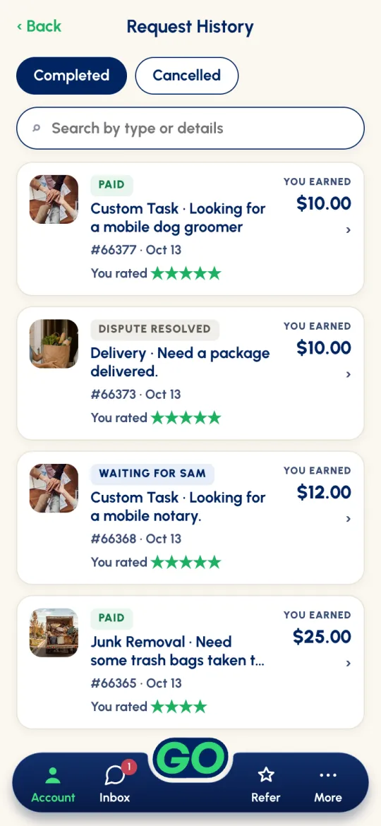 Request History: Completed and Cancelled tabs, a search bar, and job cards marked PAID, DISPUTE RESOLVED and WAITING FOR SAM with what you earned