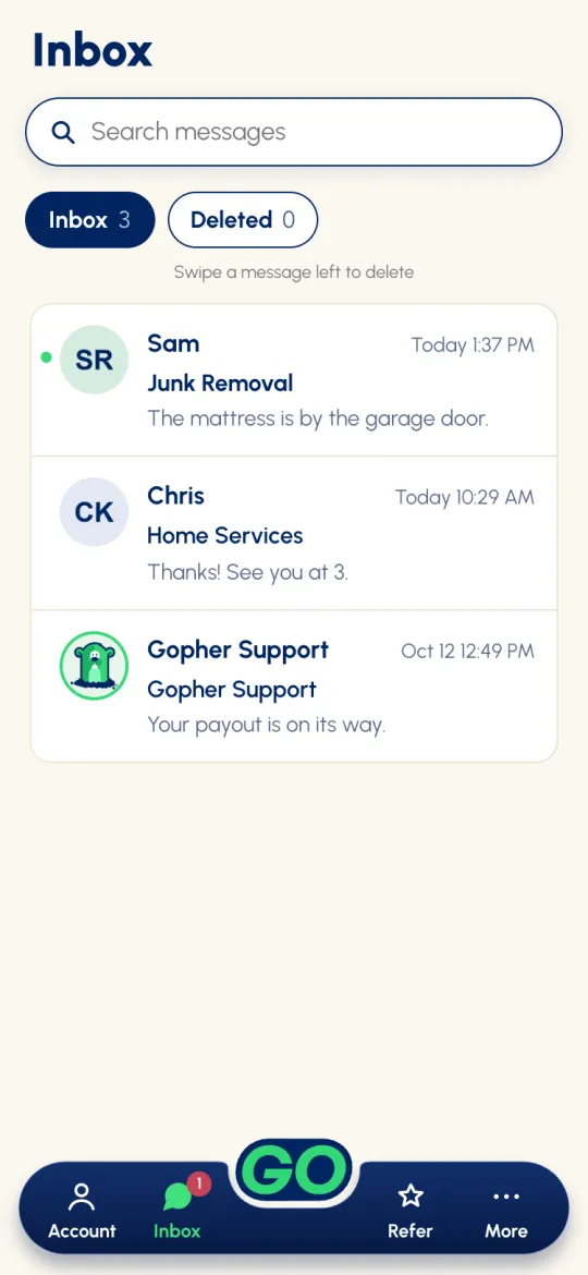 Inbox with a search bar, Inbox and Deleted tabs, and messages from customers and Gopher Support