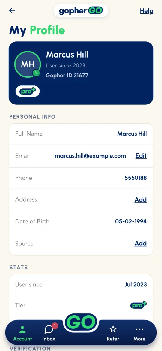 My Profile with the Gopher ID, Personal Info fields with Edit and Add links, and Stats