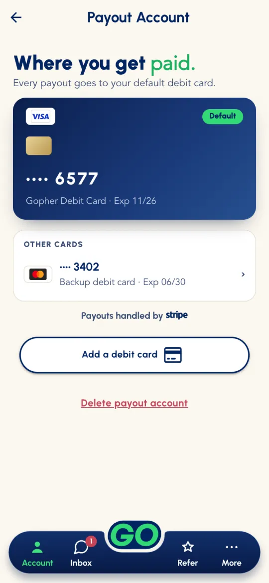 Payout Account: Where you get paid, the default Visa debit card, Other cards, Payouts handled by Stripe, Add a debit card and Delete payout account