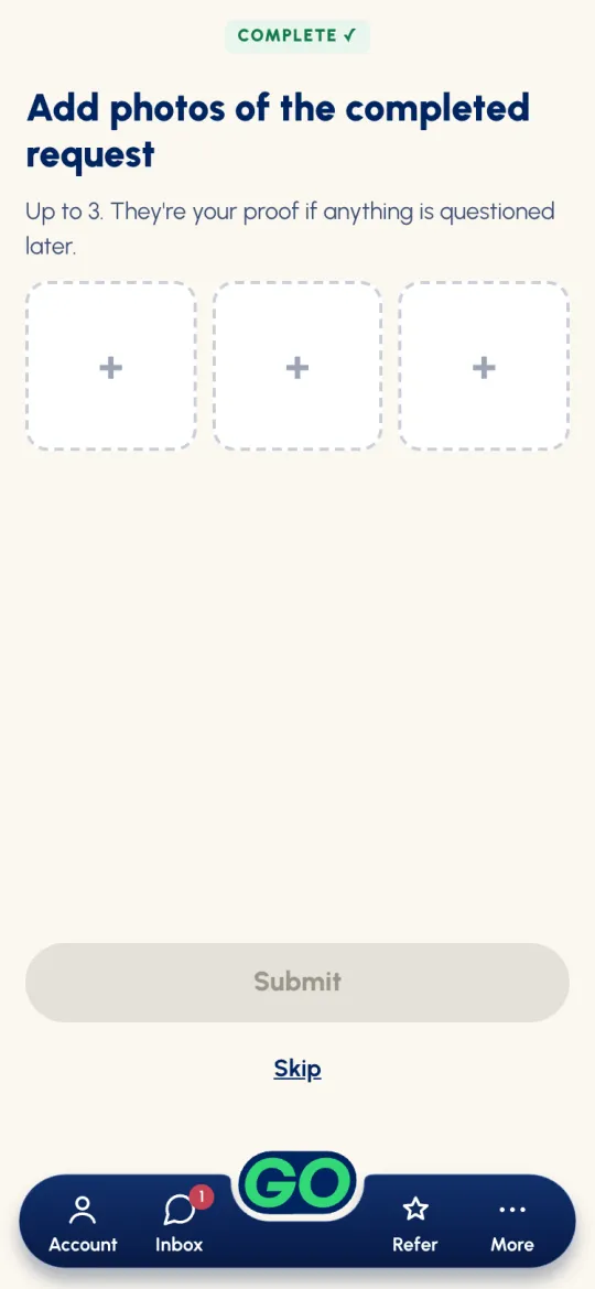COMPLETE: Add photos of the completed request, up to 3, with three empty photo slots, Submit and Skip