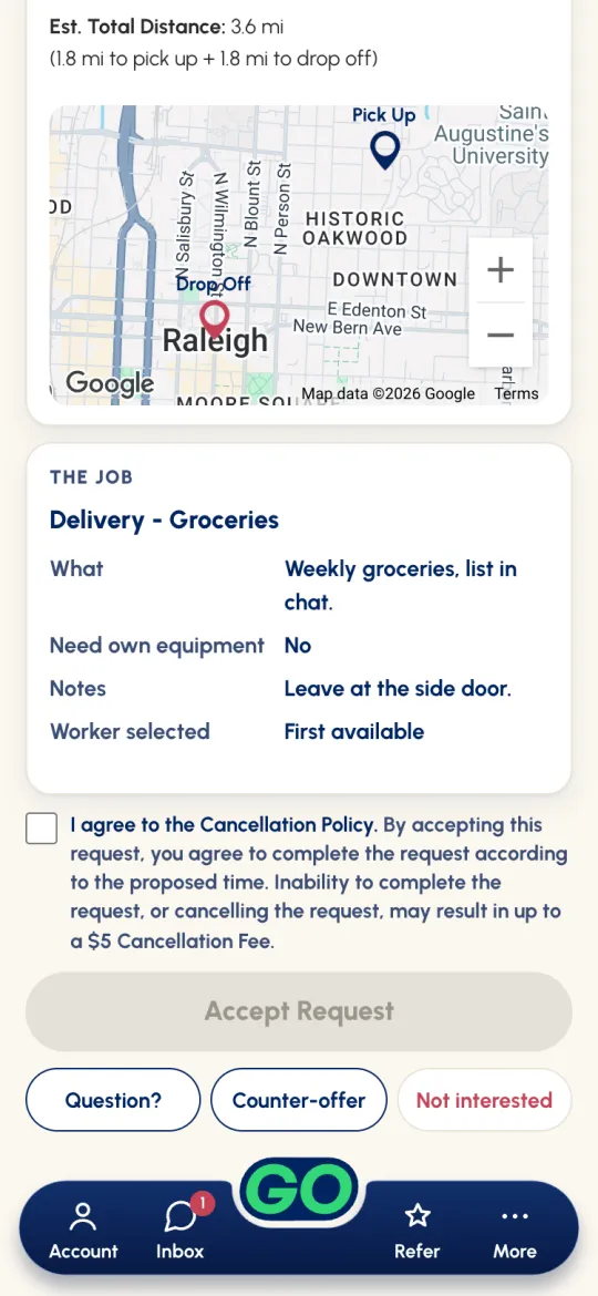 Bottom of Request Details: THE JOB details, the Cancellation Policy checkbox, Accept Request, and Question?, Counter-offer and Not interested