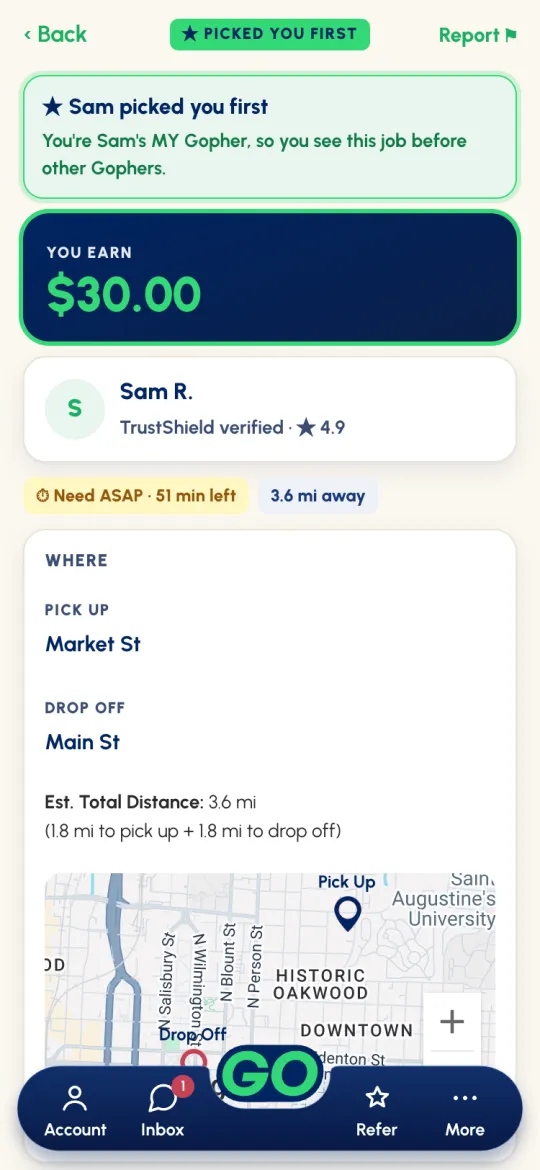 Request Details for a MY Gopher job: PICKED YOU FIRST, Sam picked you first, You're Sam's MY Gopher so you see this job before other Gophers, You earn $30.00