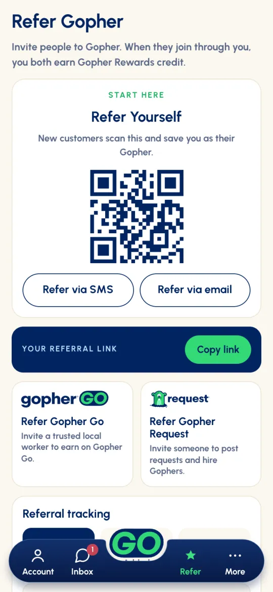 Refer Gopher: Refer Yourself with a QR code, Refer via SMS and Refer via email, Your referral link with Copy link, and the Refer Gopher Go and Refer Gopher Request tiles