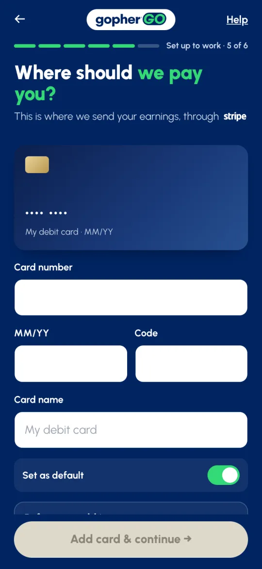 Where should we pay you? with a debit card preview, card number, MM/YY, code, card name and Set as default