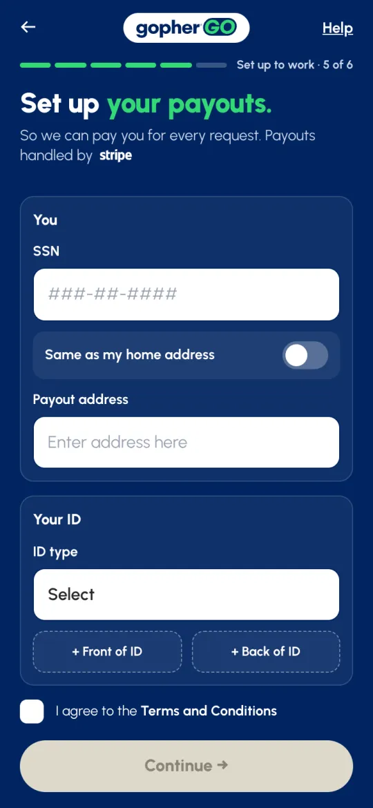 Set up your payouts: SSN, Same as my home address, Payout address, ID type with front and back photos, and the Terms and Conditions checkbox
