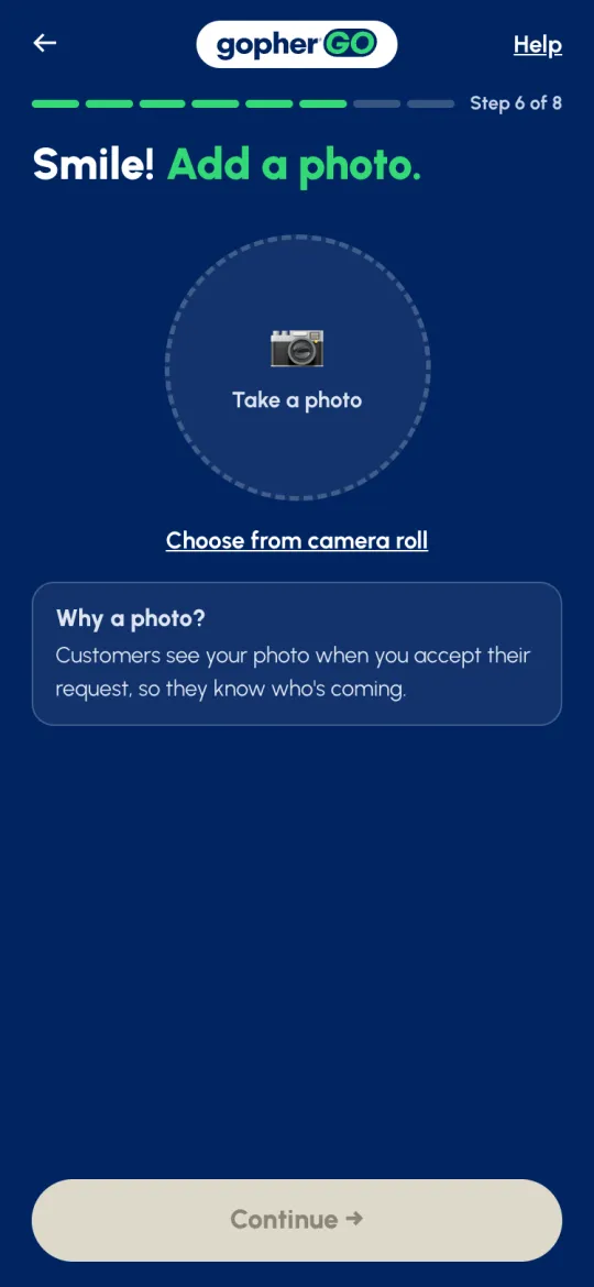 Sign-up Step 6 of 8: Smile! Add a photo, with Take a photo and Choose from camera roll