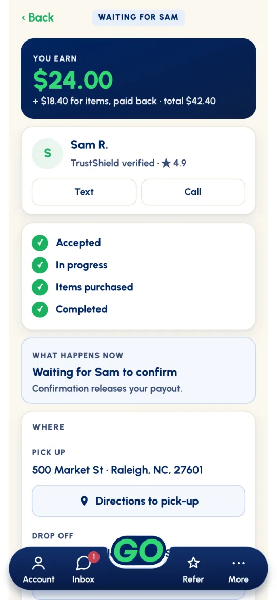 Job screen, WAITING FOR SAM: all steps done, WHAT HAPPENS NOW, Waiting for Sam to confirm, Confirmation releases your payout